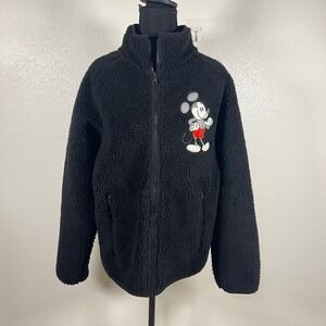 Disney Mickey Mouse Black Sherpa Fleece Jacket Zipper Pockets Embroidered Sz XS‎